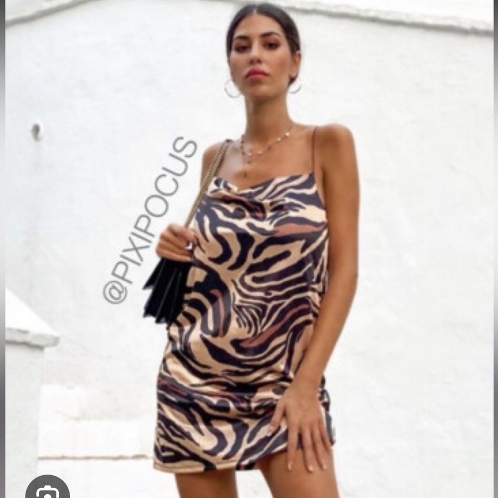 Zara NWT Animal print santin cowl neck dress L